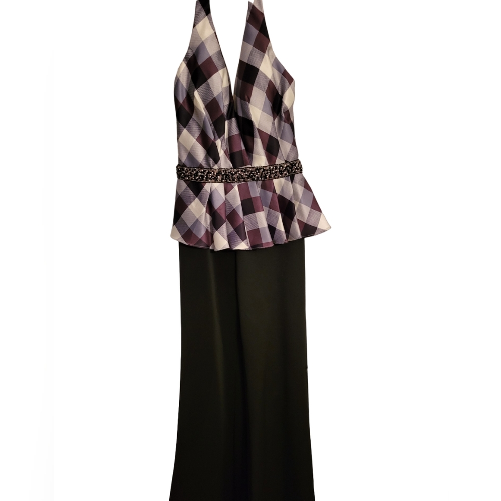 Tony Bowls Jumpsuit (One Piece) in Mulberry Plaid Pattern with Sequin Belt